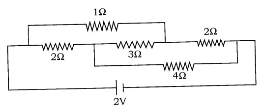 Image for question: खालील दिलेल्या रोधकांच्या नेटवर्क (नेटवर्क ऑफ रेजिस्टन्सेस) मध्ये बॅटरीमधून ____ विद्युतधारा वाहील.